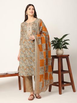 Yufta - Mustard and Gray Cotton Dori Embroidery Kurta & Pant with Dupatta (Set of 3)