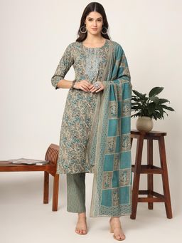 Yufta - Cotton Teal Blue and Grey Cotton Dori Embroidery Kurta with Pant & Dupatta (Set of 3)