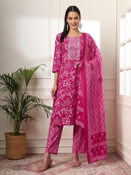 Yufta - Pink Pure Cotton Floral Print Embroidered Kurta with Pant & Dupatta (Set of 3)