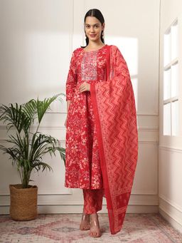 Yufta - Pure Cotton Red Anarkali Kurta with Pant & Dupatta (Set of 3)