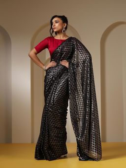 Swtantra - Drop Dead Black and Silver Jaal Saree with Red Fabric with Unstitched Blouse