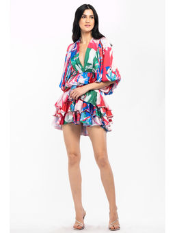 MANDIRA WIRK - Satin Printed Short Layered Dress Multi-color