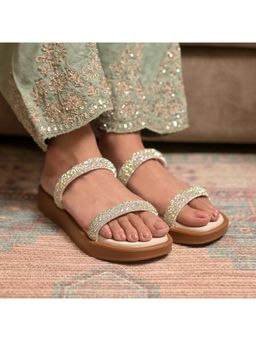 Coral Haze - Silver Thick Rhinestone Double Strap Platform Sandals