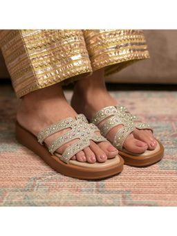 Coral Haze - Silver Platform Sandals with Scattered Rhinestone Straps
