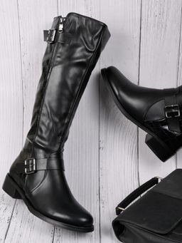 Ronnie Grey - Women Black Solid High Top Buckle Boots