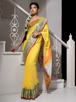 Arhi - Yellow Cotton Khadi Handwoven Soft Nakshi Border Saree with Unstitched Blouse