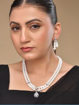 VOJ - Silver Plated Pearl and AD Studded Designer Jewellery Set