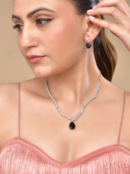 VOJ - Silver Plated Black Tear Drop Stone Studded Simple Jewellery Set