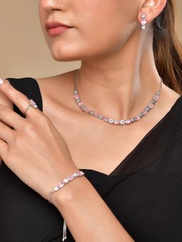 VOJ - Silver Plated Baby Pink Stone Studded Jewellery Set