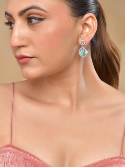 VOJ - Silver Plated Sea Green Stone Studded Tear Drop Shaped Earrings