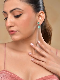 VOJ - Silver Plated Sea Green Stone Studded Studs Earrings