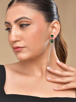 VOJ - Silver Plated Green Stone Studded Studs Earrings