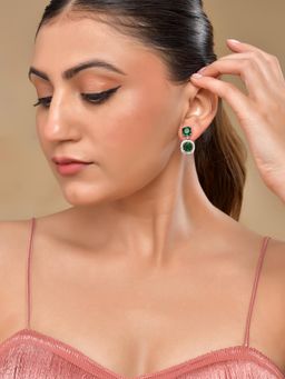 VOJ - Silver Plated Green Stone Geometrical Shaped Earrings
