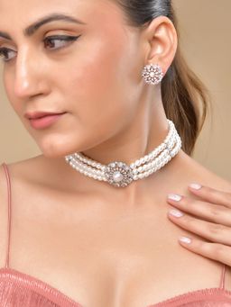 VOJ - Silver Plated Pearl And Ad Stone Studded Choker Jewellery Set