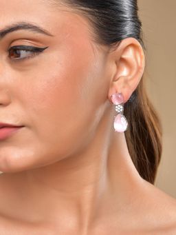 VOJ - Silver Plated Baby Pink Stone Studded Floral Shaped Studs Earrings