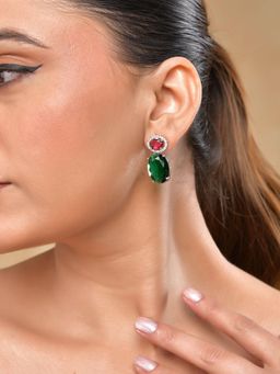 VOJ - Silver Plated Green And Red Stone Studded Elegant AD Earrings