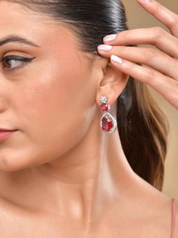 VOJ - Silver Plated Red Stone Studded AD Earrings