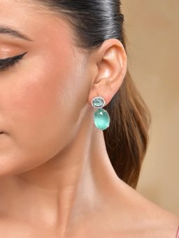 VOJ - Silver Plated Sea Green Stone Studded AD Earrings