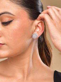 VOJ - Silver Plated Floral Shape AD Stone Studded Studs Earrings