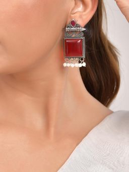 VOJ - Silver Plated Oxidized Red Stone Studded Earrings