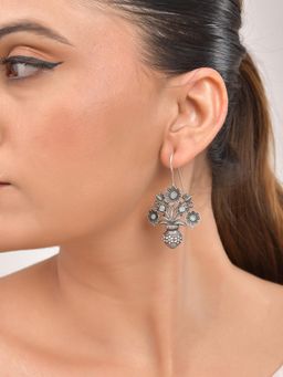 VOJ - Silver Plated Floral Shaped oxidized Drop Earrings