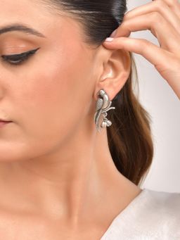 VOJ - Silver Plated Oxidized Parrot Shaped Drop Earrings