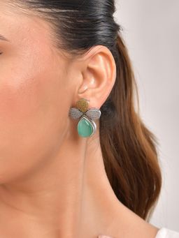 VOJ - Silver Toned Green Stone Studded Elegant Earrings
