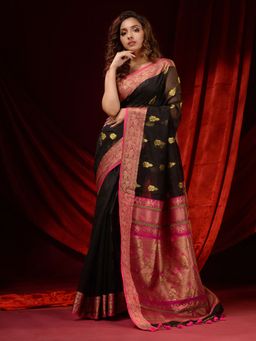 CHARUKRITI - Black Muslin Handwoven Ethnic Motifs and Zari Designs Saree with Unstitched Blouse