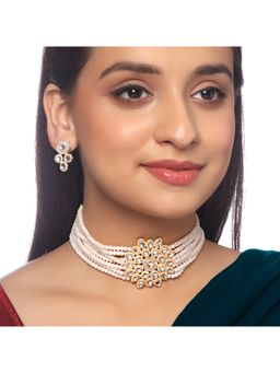 Yellow Chimes - Gold-Plated Peach Beaded Kundan Studded Choker Necklace Set for Women