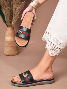 Jove - Women Black Pu Slip On Open Toe Sandals