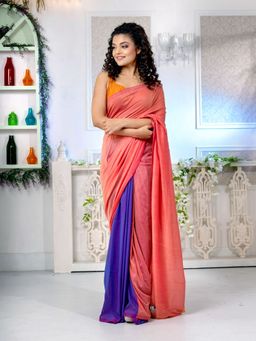 CHARUKRITI - Orange And Violet Pure Cotton Handwoven Soft Saree with Unstitched Blouse
