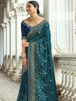 Odette - Teal Blue Stunning Embroidered Art Silk Saree with Unstitched Blouse