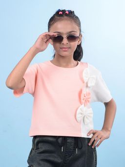 CRIMSOUNE CLUB - Girls Peach Color-Blocked T-Shirt