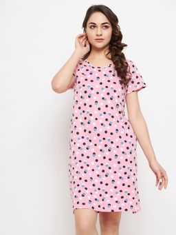 Clovia - Polka Dot Print Short Nightdress With Pocket- Cotton -Pink