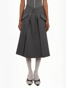 Qua - Grey Stripes Polyester Midi Skirt