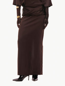 Qua - Brown Solid/Plain Polyester Maxi Skirt