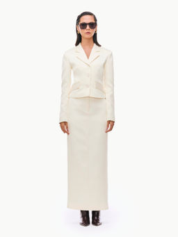 Qua - Off White Solid/Plain Polyester Satin Maxi Skirt