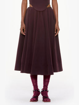 Qua - Burgundy Solid/Plain Polyester Midi Skirt