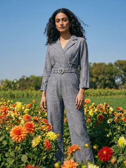 House of Fett - Women Blue Stripes Assymetrical Neck Jumpsuit