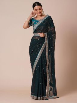 Akhilam - Womens Georgette Teal Embellished Saree with Unstitched Blouse and Belt
