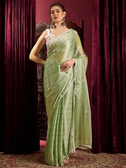 Akhilam - Womens Chiffon Green Stripes Embellished Saree with Unstitched Blouse