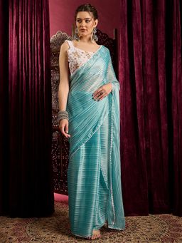 Akhilam - Womens Chiffon Blue Stripes Embellished Saree with Unstitched Blouse