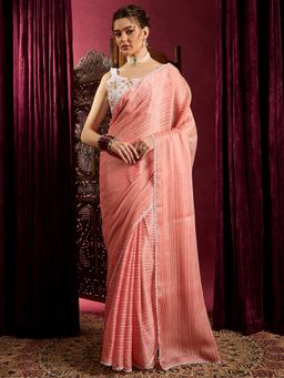 Akhilam - Womens Chiffon Peach Stripes Embellished Saree with Unstitched Blouse