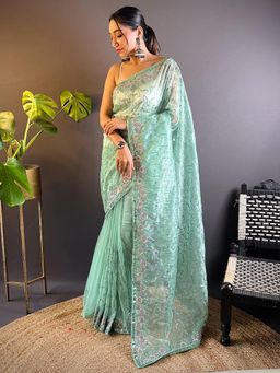 Akhilam - Womens Tissue Sea Green Embellished Designer Saree with Unstitched Blouse