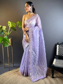 Akhilam - Womens Tissue Lavender Embellished Designer Saree with Unstitched Blouse