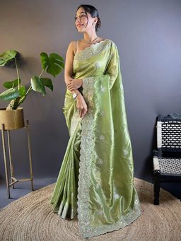 Akhilam - Womens Paper Silk Green Floral Embellished Saree with Unstitched Blouse