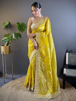 Akhilam - Womens Paper Silk Yellow Floral Embellished Saree with Unstitched Blouse