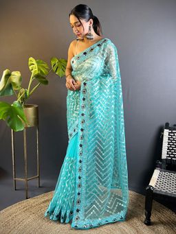 Akhilam - Womens Net Light Blue Embroidered Gota Designer Saree with Unstitched Blouse