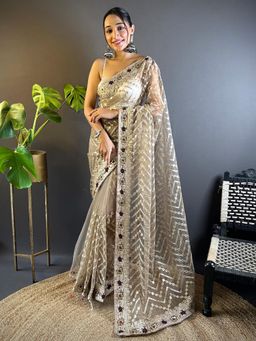 Akhilam - Womens Net Beige Embroidered Gota Designer Saree with Unstitched Blouse