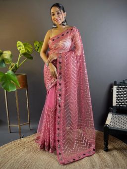 Akhilam - Womens Net Pink Embroidered Gota Designer Saree with Unstitched Blouse